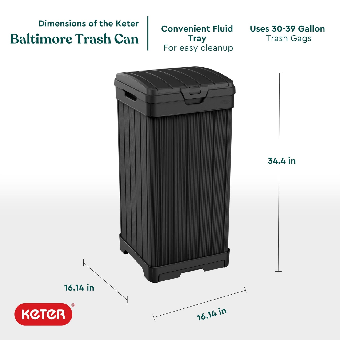 Keter Baltimore 38 Gallon Trash Can with Lid and Drip Tray for Easy Cleaning-Perfect for Patios, Kitchens, and Outdoor Entertaining, 38 Gallons, Black
