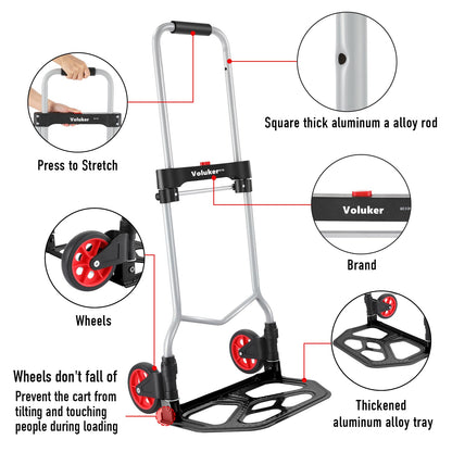 254 LBS Aluminum Folding Hand Trucks and Dolly, Foldable Dolly Cart for Moving Heavy Loads, Collapsible Dolly Convertible Hand Truck Dolley Portable and Durable.