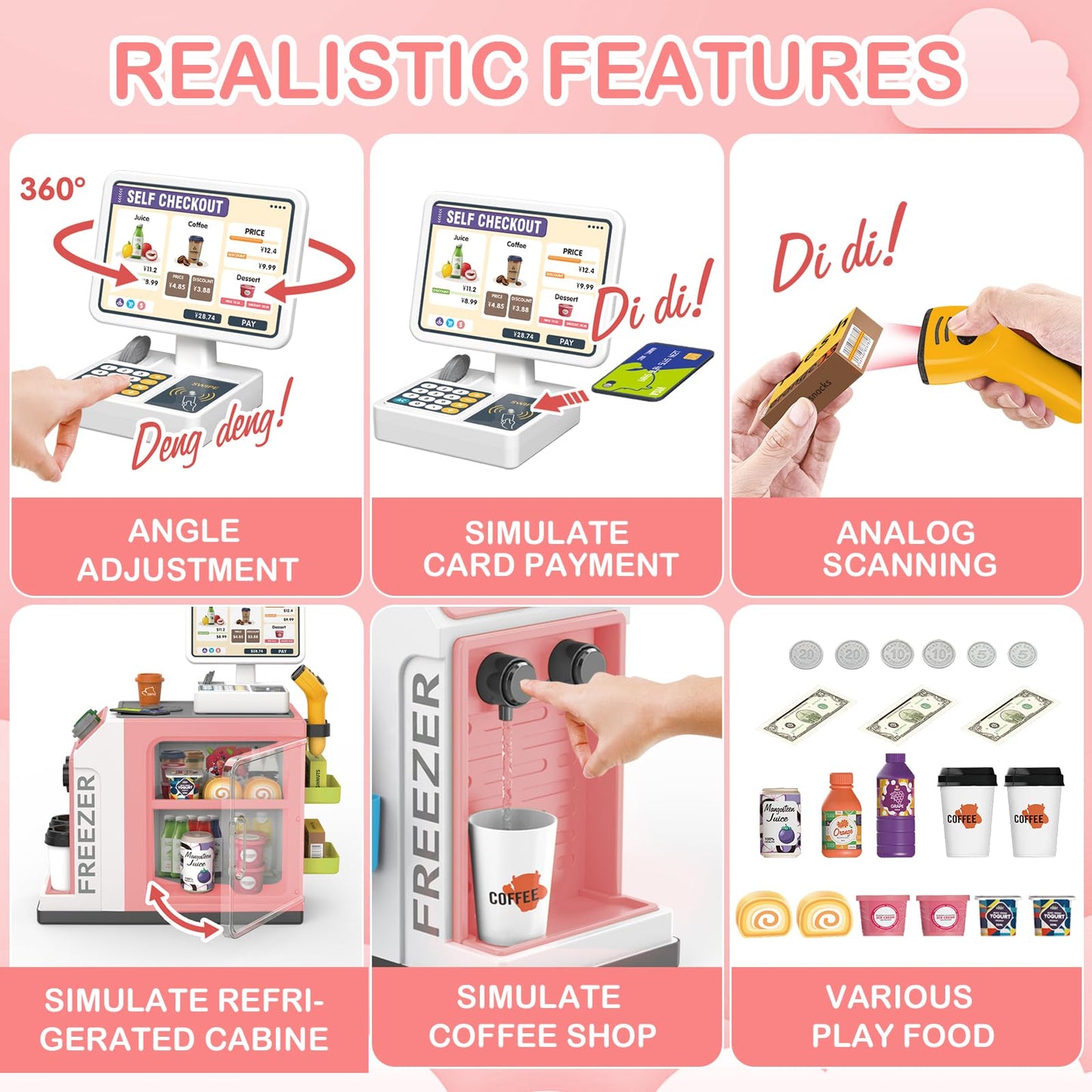 deAO Toy Cash Register for Kids Pretend Play Store Calculator Money 3 in 1 Coffee Machine Set Toys with Water Outlet Function Play Food Gifts Learning Toys for Kids Boys Girls (Pink)