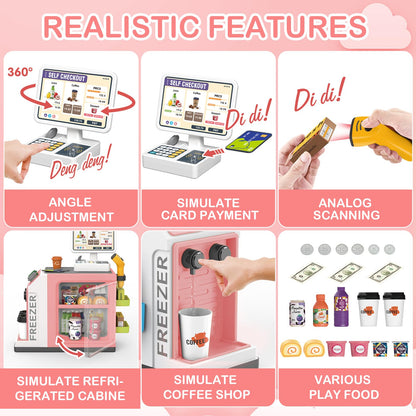 deAO Toy Cash Register for Kids Pretend Play Store Calculator Money 3 in 1 Coffee Machine Set Toys with Water Outlet Function Play Food Gifts Learning Toys for Kids Boys Girls (Pink)