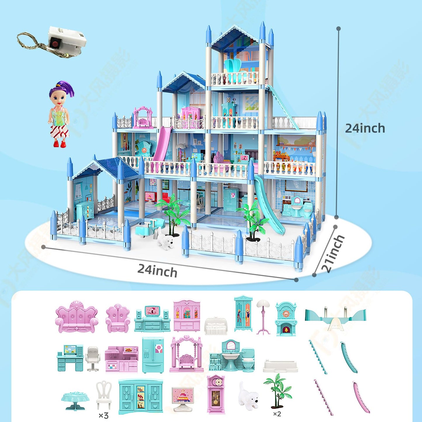 Doll House, Dream Doll House Girls Toys, 4 Story 14 Rooms Dollhouse with 4 Dolls, Dollhouse Furniture Accessories with Light, Toddler Playhouse Gift for 3 4 5 6 7 8 9 10 Year Old Girls Toys (blue04)