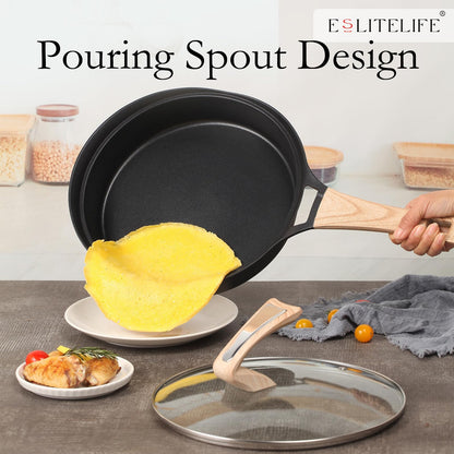 ESLITE LIFE Nonstick Deep Frying Pan Skillet with Lid, Healthy Granite Coating Egg Omelette Pan Stone Cookware Chef's Pan, PFOA Free(Black, 9.5 Inch)