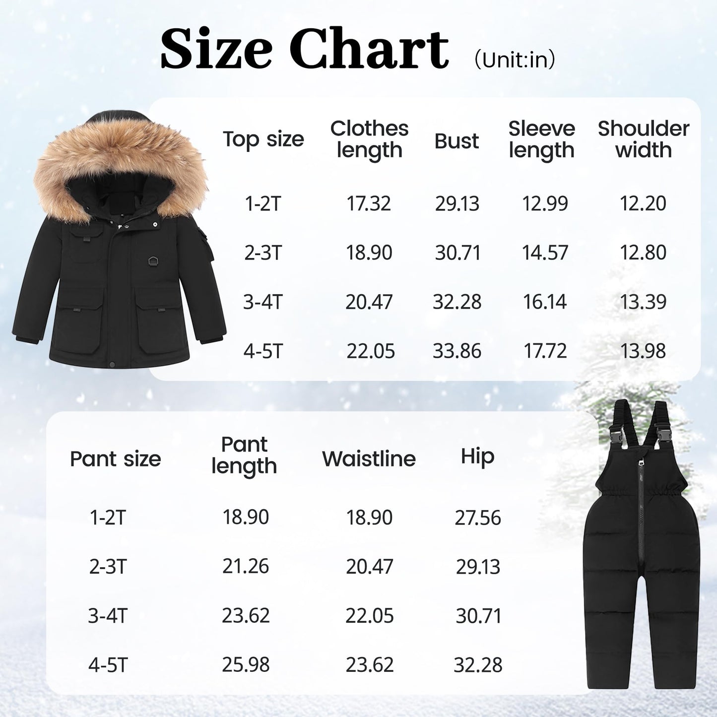 Toddler Snowsuit Baby Boys Girls Winter Coat Clothes Snow Pants and Jackets Bib 4-Piece Kids Clothing Sets