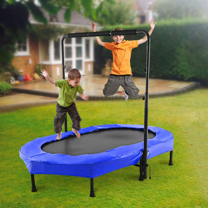 Ancheer Mini Trampoline for Kids Indoor, Double Kids Trampoline with Adjustable Center Handlebar, 56"X36" Rebounder Trampoline Foldable, Max Load 220 LBS,Blue