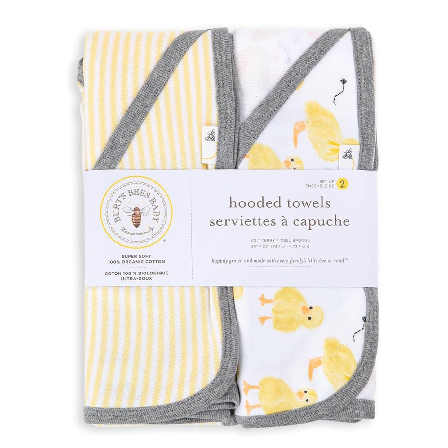 Burts Bees Baby Infant Hooded Towels Little Ducks Organic Cotton, Unisex Bath Essentials and Newborn Necessities, Soft Nursery Towel with Hood Set, 2-Pack Size 29 x 29 Inch