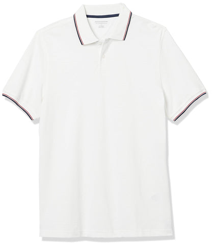 Amazon Essentials Men's Slim-Fit Cotton Pique Polo Shirt, White/Red/Navy, Medium