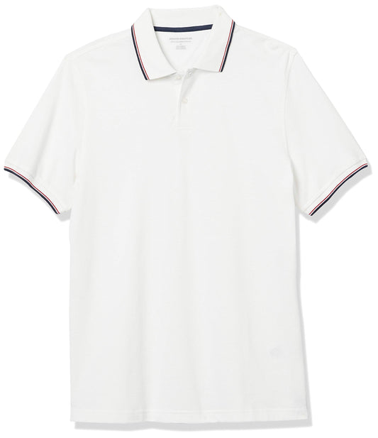 Amazon Essentials Men's Slim-Fit Cotton Pique Polo Shirt, White/Red/Navy, Medium