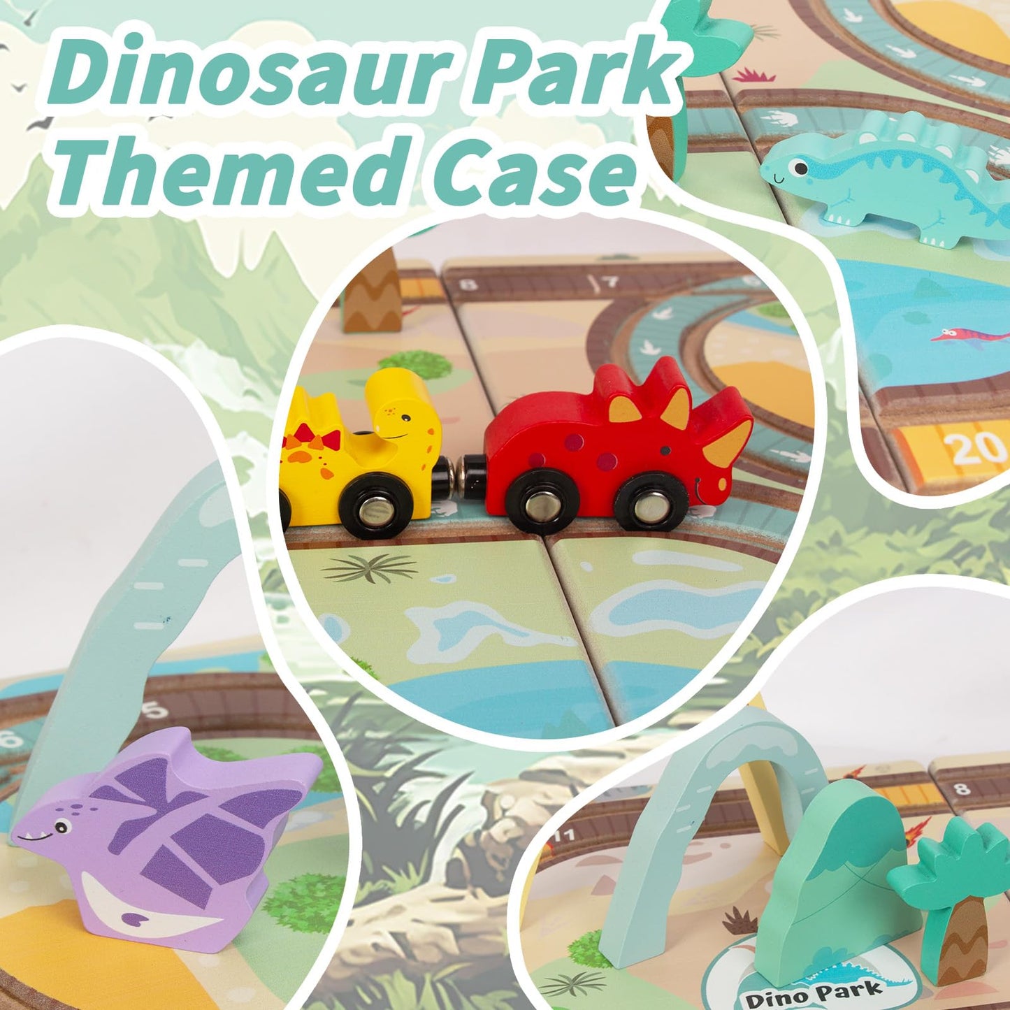 WoodenEdu Wooden Train Set Toys for Toddlers, Wooden Dinosaur Train Set for Kids Age 3+, Portable Durable Train Chess Toys for Travel with 3 Trains 5 Dinosaurs for Kids
