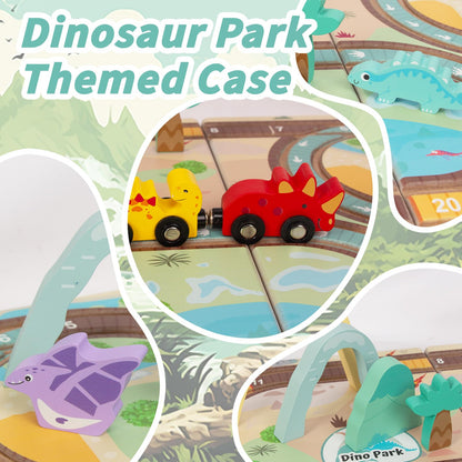 WoodenEdu Wooden Train Set Toys for Toddlers, Wooden Dinosaur Train Set for Kids Age 3+, Portable Durable Train Chess Toys for Travel with 3 Trains 5 Dinosaurs for Kids