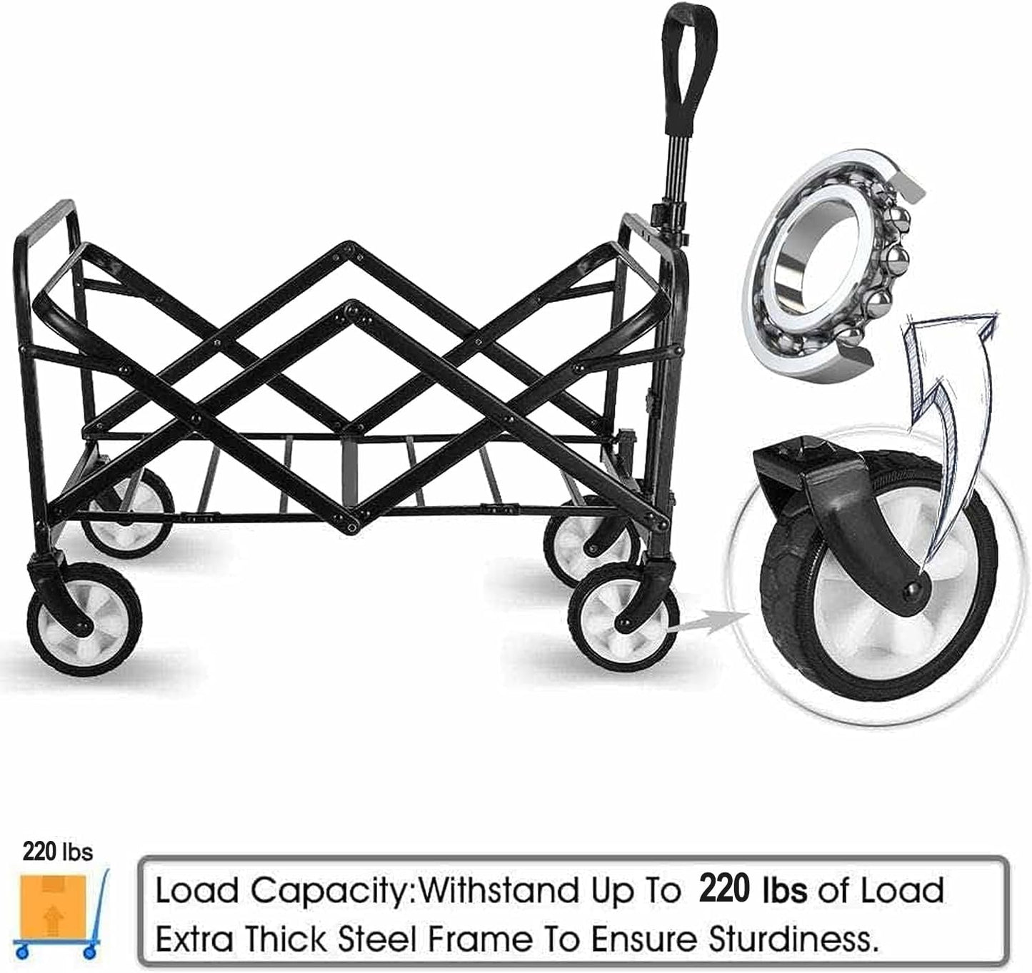 Collapsible Foldable Wagon, Beach Cart Large Capacity, Heavy Duty Folding Wagon Portable, Collapsible Wagon for Sports, Shopping, Camping (Black)