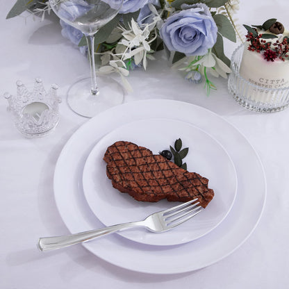 UPDATE: DEAD ❗ YOUBET 150 PCS White Plastic Plates & Silver Plastic Silverware-White and Silver Plastic Dinnerware include 30White Dinner Plates, 30 White Plates, 30Silver Cutlery Perfect for Wedding Party