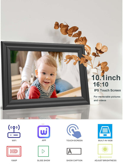 AZXL Digital Picture Frame WiFi 10.1 inch HD 1280x800 Digital Photo Frame Touch Screen IPS Display 16GB Storage Automatic Rotation with iOS and Android Free App for Mom for Grandparents Gift Black