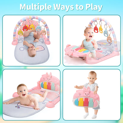 HOLYFUN Baby Play Mat Baby Gym, Play Piano Tummy Time Mat with Activity Gym, 5 Infant Learning Sensory Baby Toys, Musical Activity Center for Early Development and Entertainment, Pink