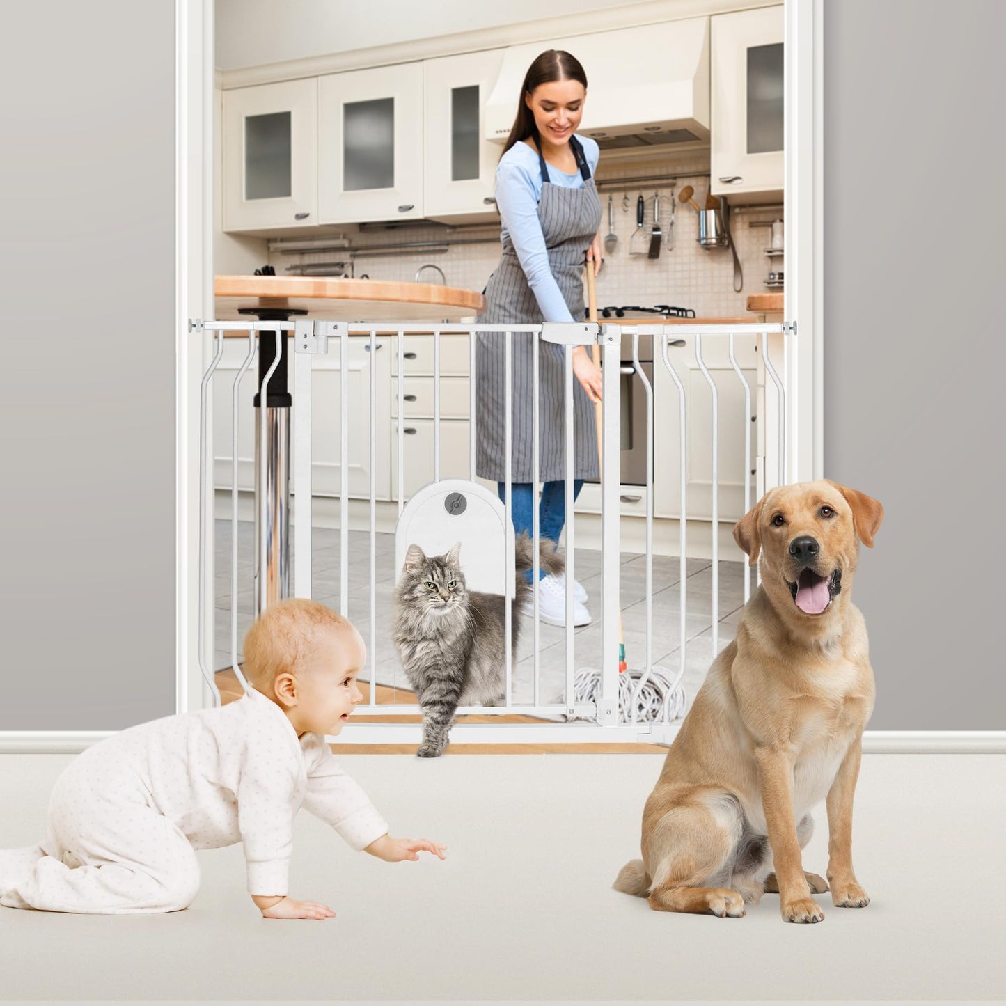 Baby Gates with Cat Door - Auto Close 29.5"-48.4" Safety Metal Dog Pet Gate for Doorway, Stairs, House, Walk Through Child Gate with Pet Door, includes 4 Wall Cups and 2 Extension Pieces