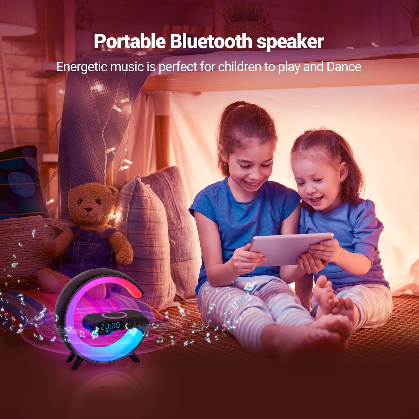 ZOOPEEN Mini G Type Wireless Charging Atmosphere Lamp with Bluetooth Speaker Alarm Clock Night Light 10W Wireless Charger Speaker for Bedside Lamp Ambient Lighting for Christmas Gift(Black)