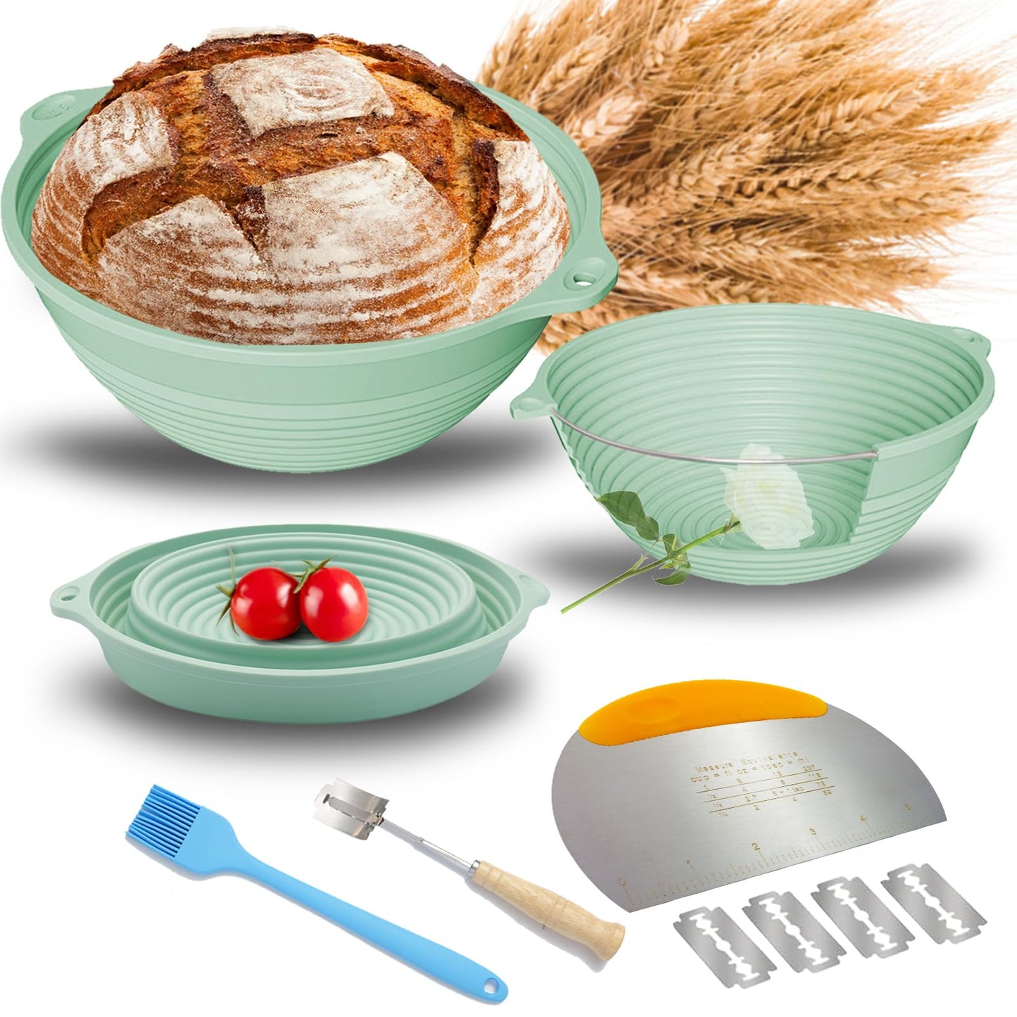 Upgraded Silicone Sourdough Bread Proofing Baskets - Including steel rings, Sourdough Starter Kit, 9 Inch Round Foldable Sourdough Baking Basket (Green)