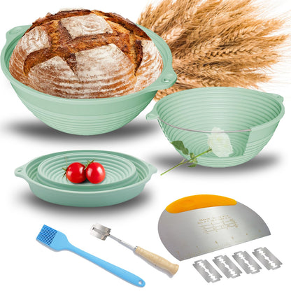 Upgraded Silicone Sourdough Bread Proofing Baskets - Including steel rings, Sourdough Starter Kit, 9 Inch Round Foldable Sourdough Baking Basket (Green)