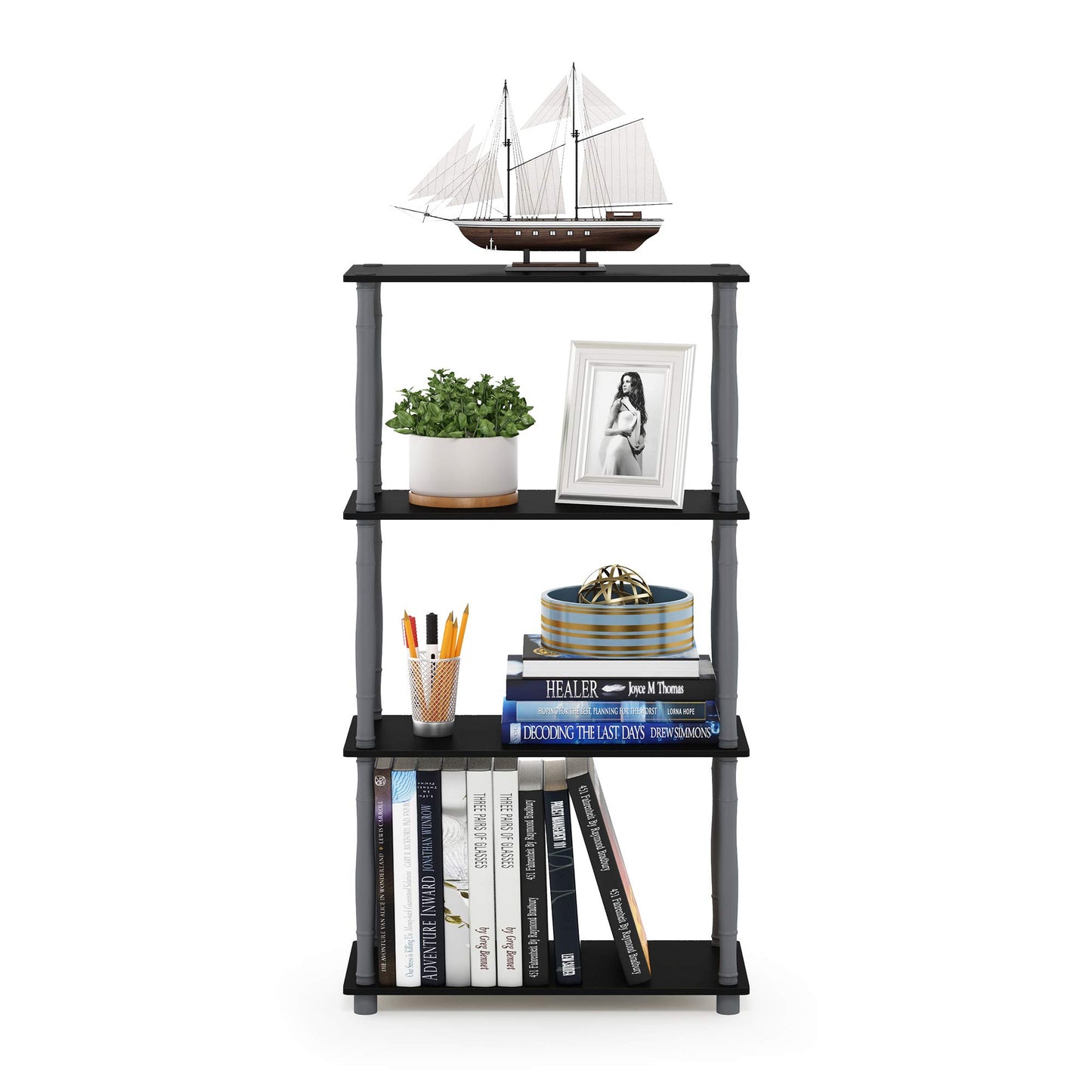 Furinno Turn-N-Tube 4-Tier Multipurpose Shelf Display Rack, Classic Tubes, Black/Grey
