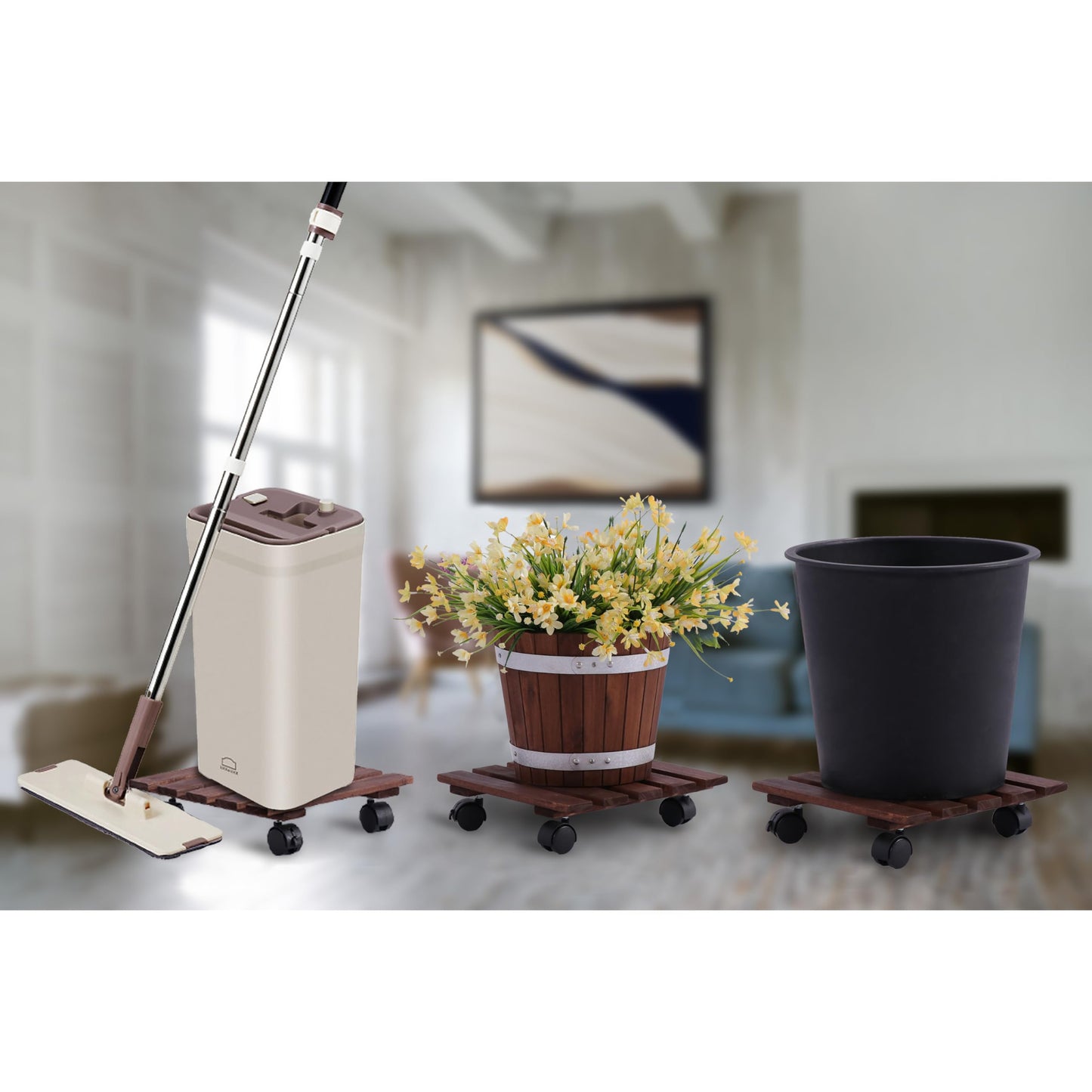 Acacia Wood Plant Caddy with 360 Wheels, Set of 2