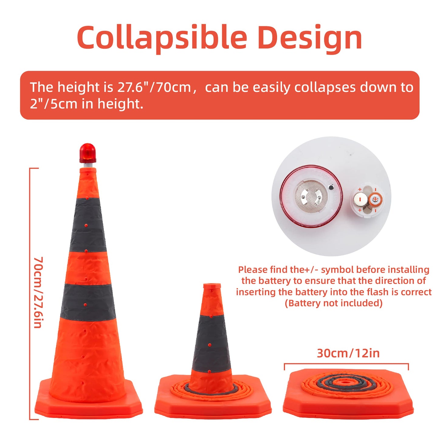 28" Collapsible Traffic Cones with LED Light