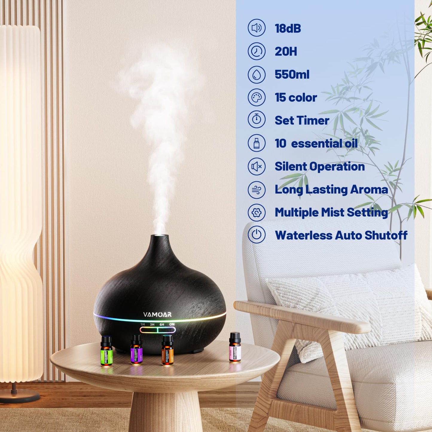 Essential Oil Diffuser Gift Set,10 Essential Oil,550ml Oil Diffuser & Essential Oil Diffusers with 4 Timer &Auto Shut-Off for & 15 Ambient Light Settings