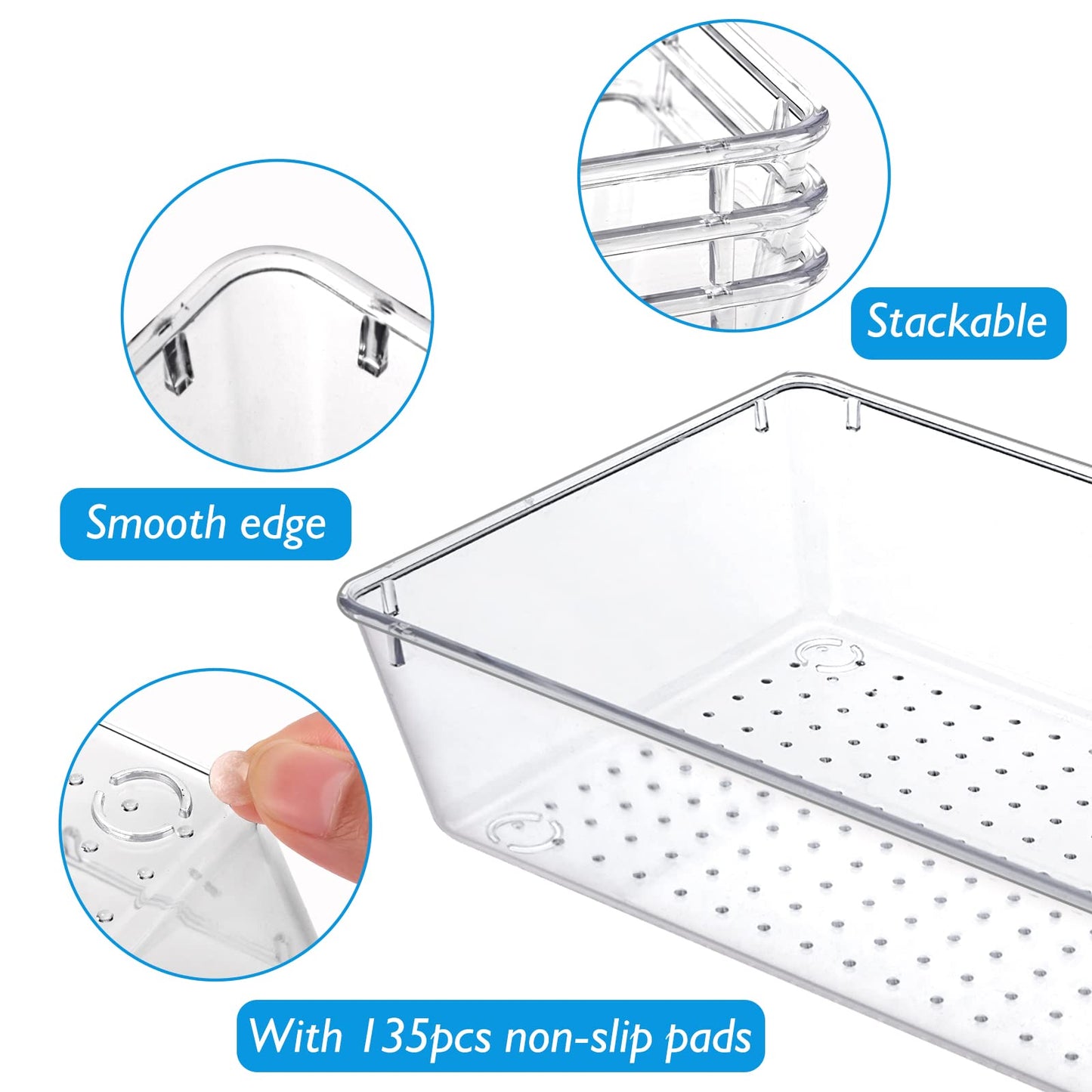 Fixwal 25pcs Clear Drawer Organizers, 4-Size Clear Plastic Drawer Organizers Trays for Makeup, Jewelries, Gadgets, Bathroom, Office, Bedroom