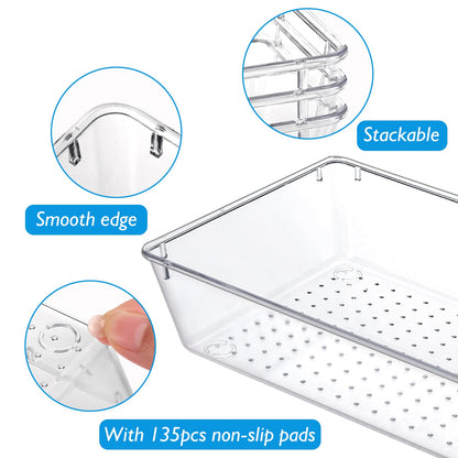 Fixwal 25pcs Clear Drawer Organizers, 4-Size Clear Plastic Drawer Organizers Trays for Makeup, Jewelries, Gadgets, Bathroom, Office, Bedroom
