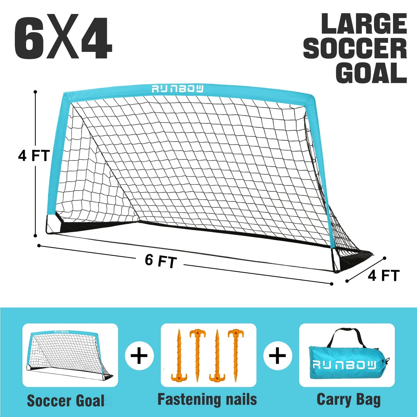 RUNBOW 6x4 ft Portable Kids Soccer Goal for Backyard Practice Soccer Net with Carry Bag (6x4 FT, Sky Blue, 1 Pack)