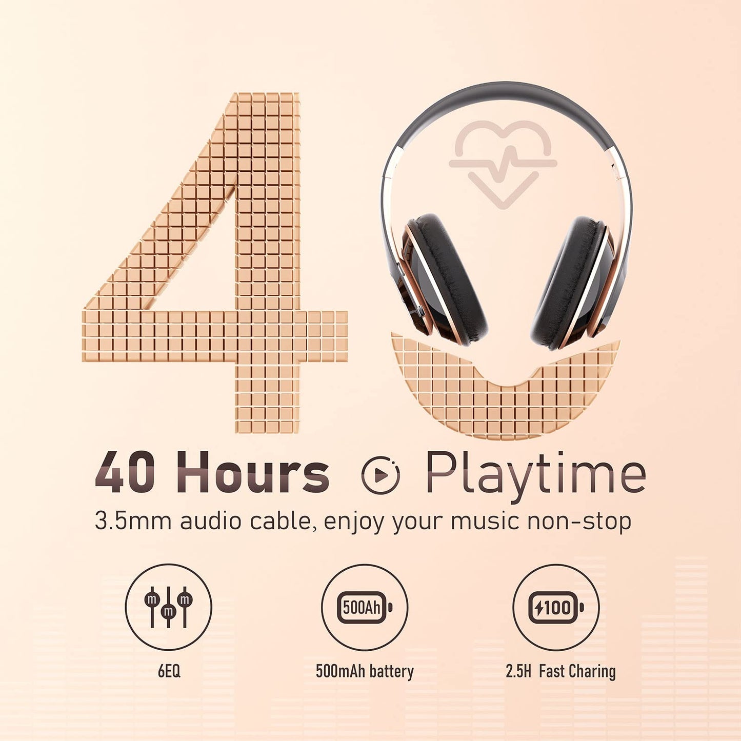 Falebare Bluetooth Headphones Over Ear, 6S Wireless Headphones Wired with 6 EQ Modes, 40 Hours Playtime Foldable HiFi Stereo Headset with Microphone, FM/TF for Cellphone/PC/Work (Black & Gold)