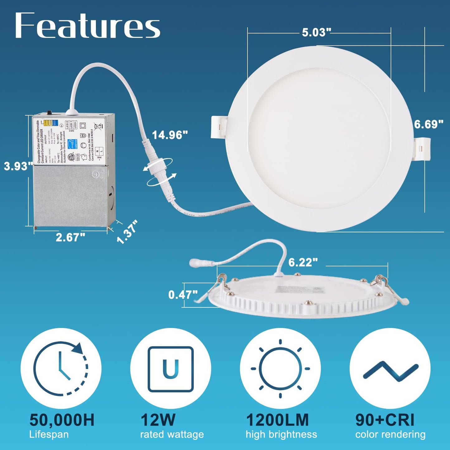 YRPOPP 12 Pack 6 Inch Led Recessed Lights with Junction Box 1100LM Brightness LED Ceiling Light 5CCT Dimmable Recessed Led Lights for Ceiling, 12W Eqv 120W