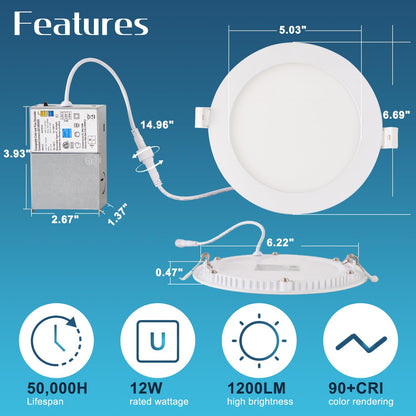 YRPOPP 12 Pack 6 Inch Led Recessed Lights with Junction Box 1100LM Brightness LED Ceiling Light 5CCT Dimmable Recessed Led Lights for Ceiling, 12W Eqv 120W