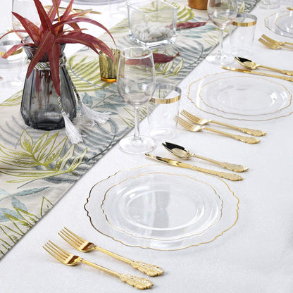 WDF 30Guest Clear and Gold Plastic Plates with Gold Plastic Silverware include 30 Dinner Plates,30 Salad Plates,30 Forks, 30 Knives,30 Spoons,30 Cups for Thanksgiving