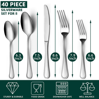 BEWOS 40-Piece Silverware Set, Stainless Steel Silverware Sets for 8, Forks Spoons and Knives Set, Cutlery Set, Mirror Polished Flatware Set, Dishwasher Safe Kitchen Utensils Set for Home, Restaurant