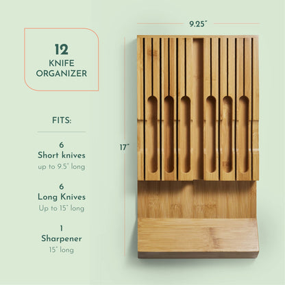 High-Grade 100% Bamboo Knife Drawer Organizer - 12 Knife Slots Plus a Sharpener Slot, Knife Organizer for Kitchen Organization, Durable, Secured, Practical, Eco-Friendly, Knife Block without Knives.