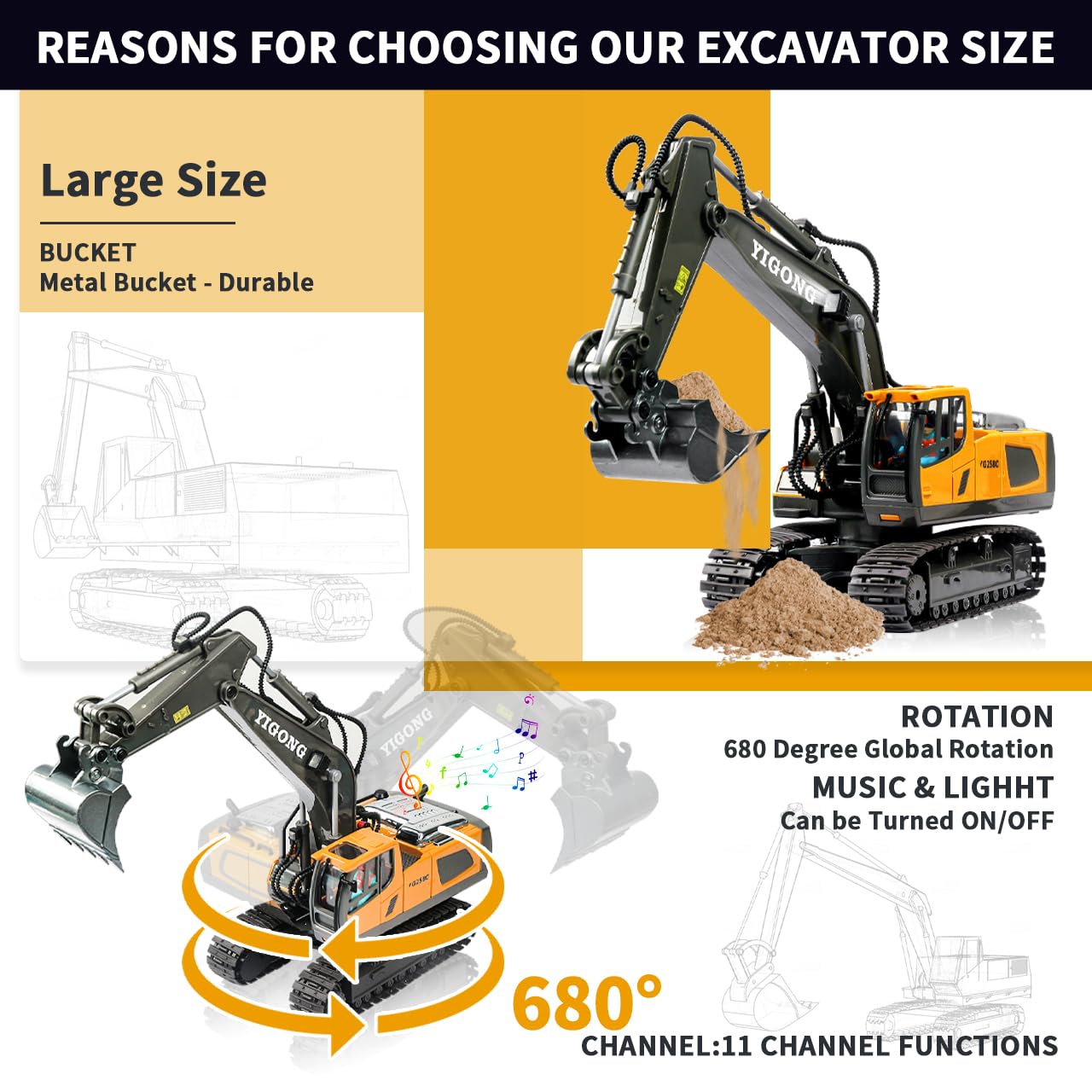 Remote Control Excavator Toy with Lights and Sounds