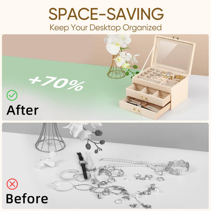 BALEINE Jewelry Box with Glass Lid, PU Jewelry Holder Organizer for Big Small Jewelry, Jewelry Storage Case (White)