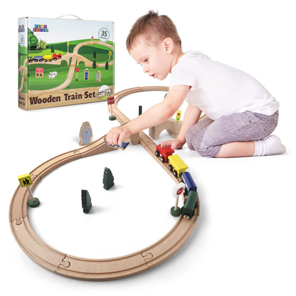 Play Build Wooden Train Set, Complete Toddler Train Set, 35 Piece Interactive Play & Learn Set, Creative Wooden Train Track Design, Premium Quality, Ages 3+ (35 Piece Set)