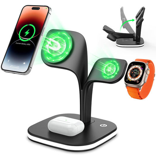 COLSUR Wireless Charging Station for Magsafe Charger, 3 in 1 Magnetic Foldable Wireless Charger Stand for iPhone 15/14/13/12 Series, iWatch Ultra/9/8/7/SE/6/5/4/3/2, AirPods Pro/3/2