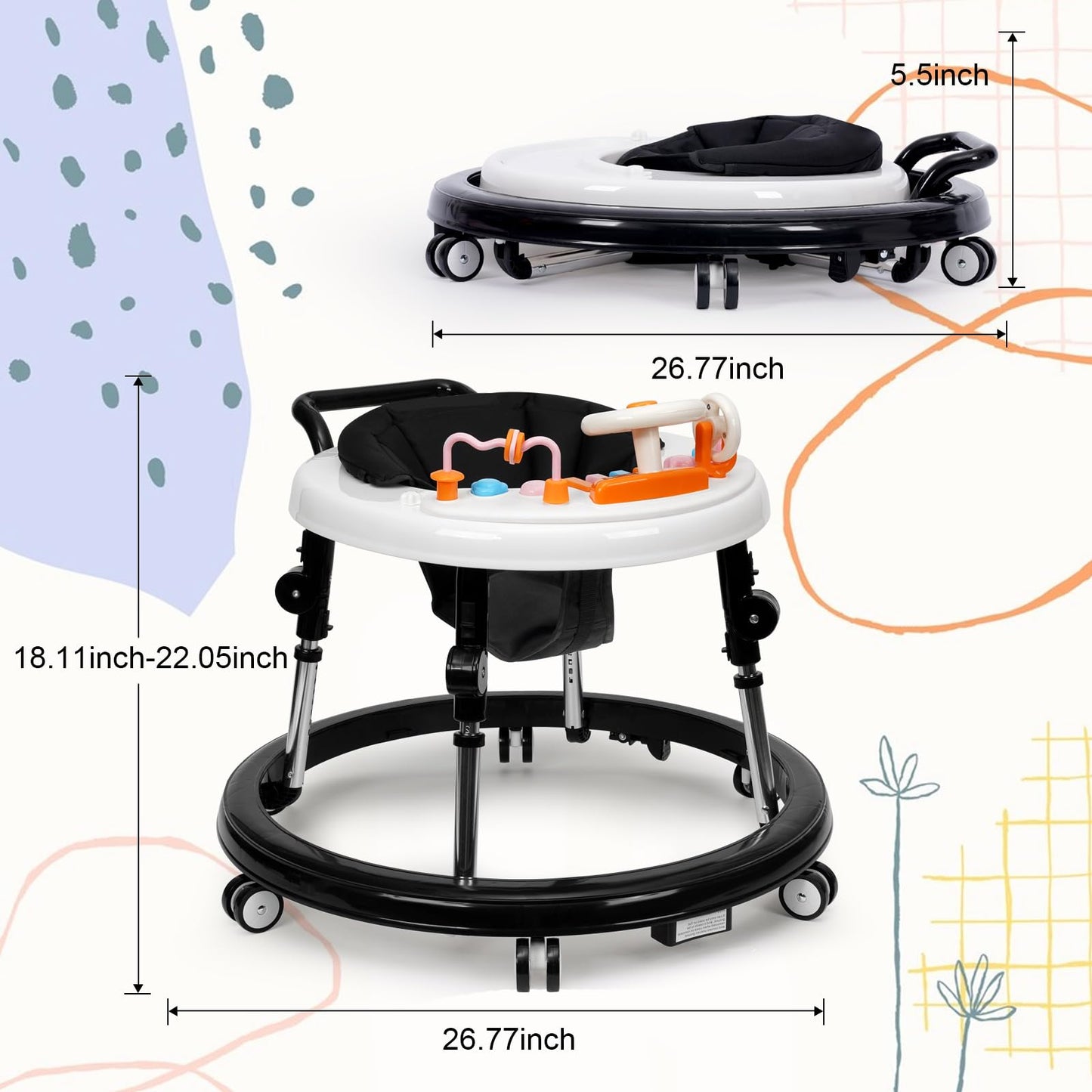 Foldable Baby Walker with 9 Adjustable Heights