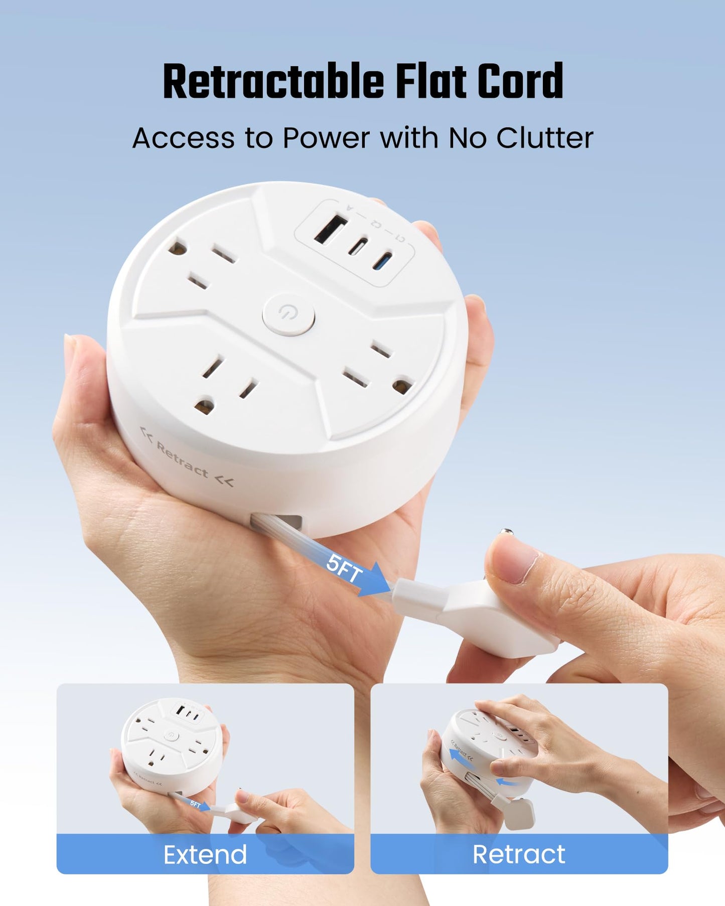 35W Travel Power Strip with Retractable Cord