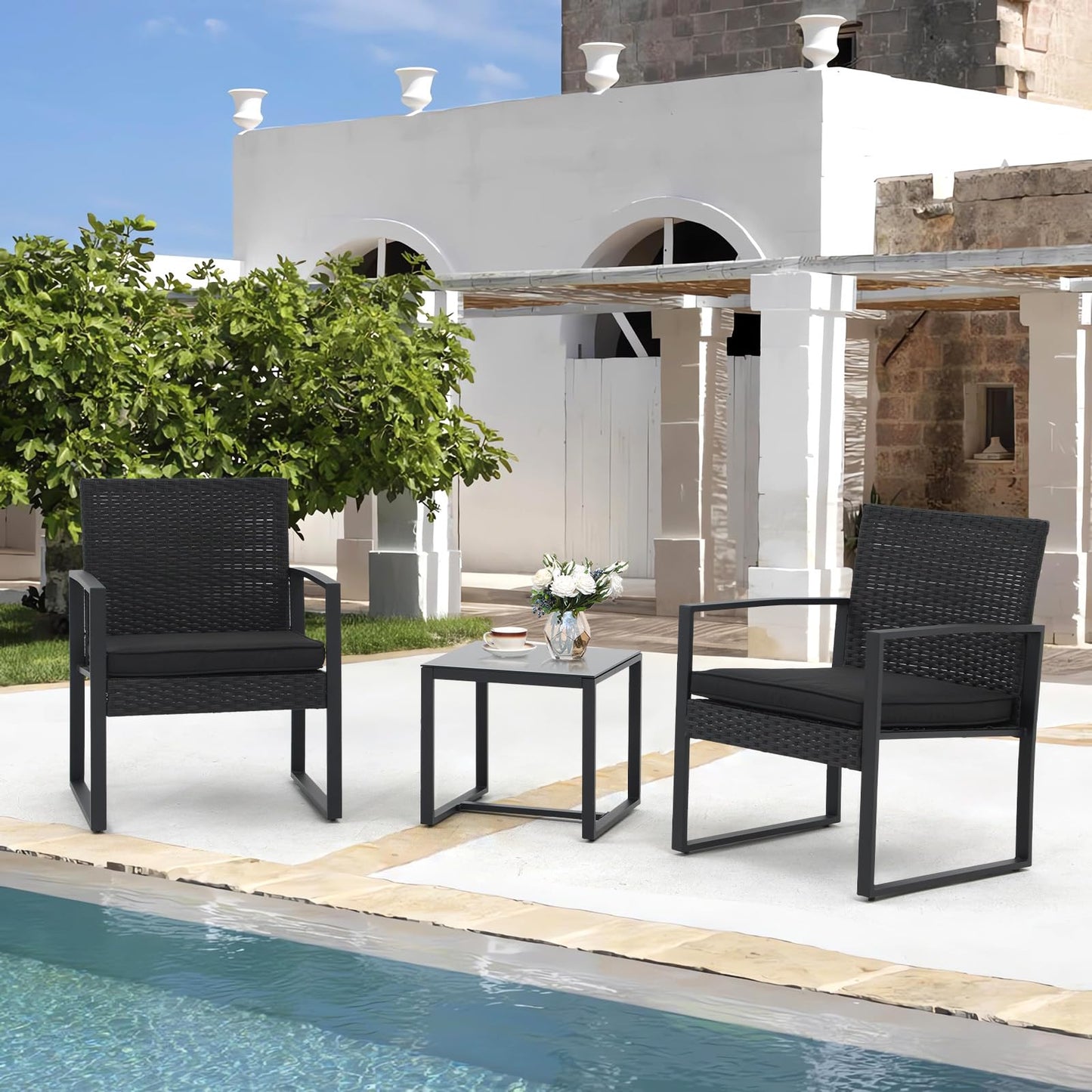 JOIVI 3 Pieces Patio Bistro Set, PE Wicker Outdoor Patio Furniture Set, Modern Rattan Patio Chairs with Coffee Table, Patio Conversation Sets for Balcony, Front Porch, Garden, Poolside, Black Cushions