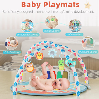 Baby Tummy Time Mat, Baby Gyms Playmats Activity Mat with 4 Toys and Mirror, Piano Keys with 40 Music, Multi-Functional Sensory Development Activity Gym for Infants and Toddlers 3 to 18 Month(Blue)