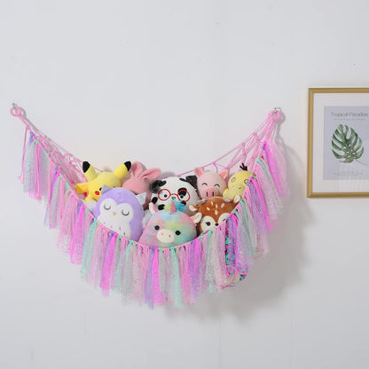 Stuffed Animal Storage Macrame Boho Plush Toy Net Hammock for Stuffed Animals with Light Pet Net for Stuffed Animals Corner Hanging Stuffed Animal Holder Teddy Bear Net for Kids Room