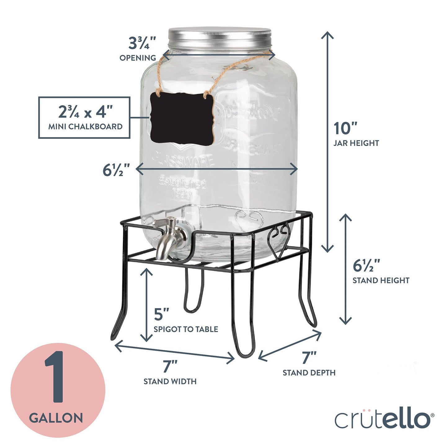 Crutello Glass Beverage Dispenser with Stainless Steel Spigot, 1 Gallon Drink Dispenser Metal Black Stand, Lemonade, Tea, Water, Laundry Detergent - A Family-Owned American Brand