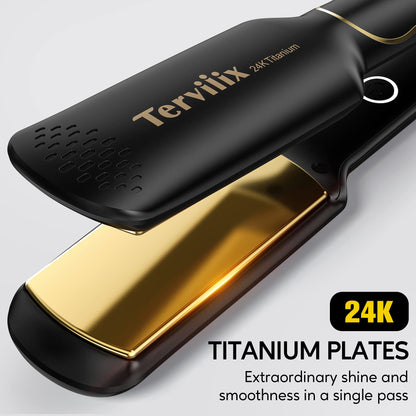 Terviiix Titanium Flat Iron Hair Straightener - ARC Non-Snagging for Smooth, One-Swipe Results, Salon-Grade Wide 1-3/4 Inch Straightening Iron Saves Time on Thick, Curly, Black & Natural Hair, Gold