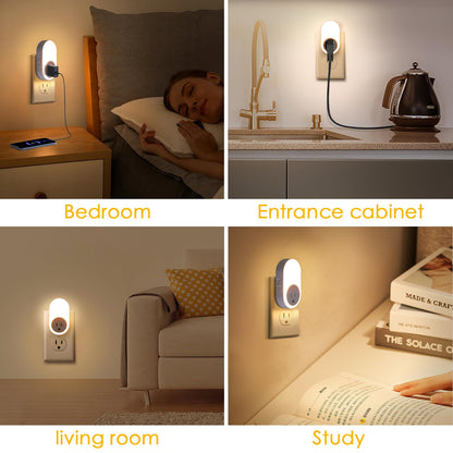 Dawnrise Night Lights Plug Into Wall,Dusk to Dawn Sensor Night Light with Power Outlet,CCT 2700K/4000K,5/20LM Adjustable Brightness for Bedroom,Kitchen,Living Room,Office,2PK
