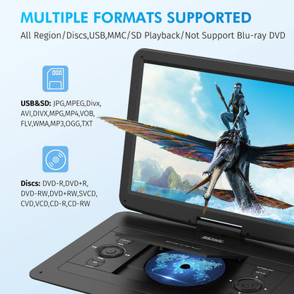 DEVINC 17.9" Portable DVD Player with 15.6" HD Swivel Screen, Support Multiple DVD CD Formats/USB/SD Card/Sync TV, 6 Hours Rechargeable Battery, Car Charger, Remote Control, Region Free