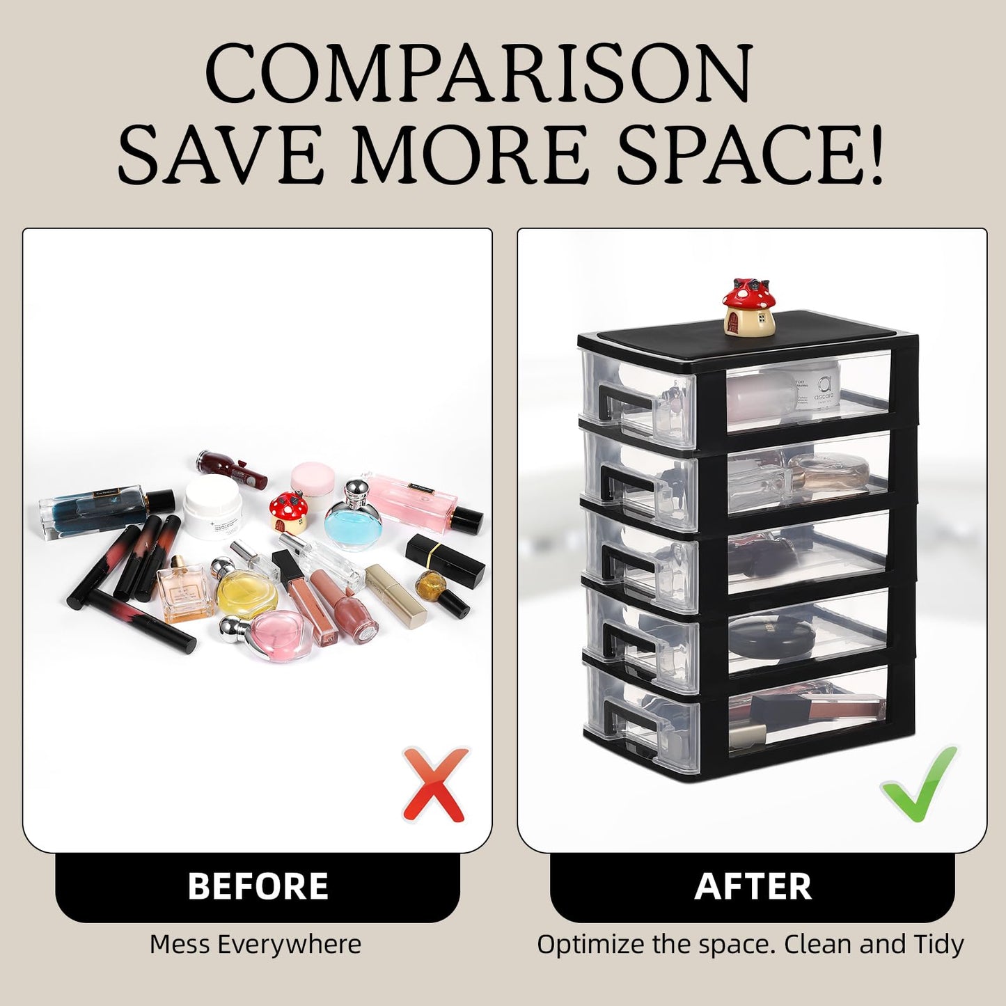 Tofficu Plastic Storage 5 Drawer Storage Tower Multifunctional Storage Cabinet with Clear Drawers Storage Case Organizer for Craft Stationary,5.9×8.5×12.2in (L×W×H)