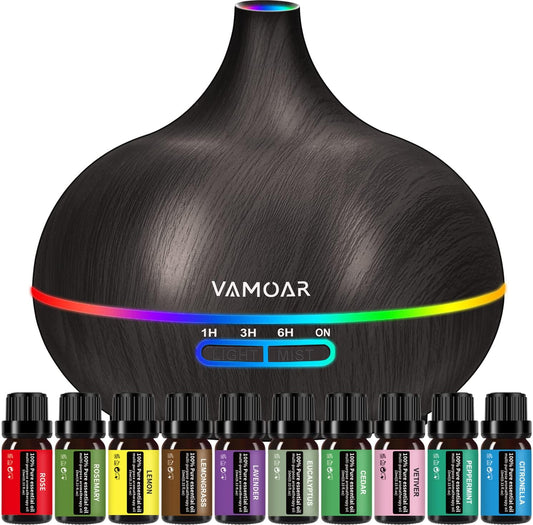 Essential Oil Diffuser Gift Set,10 Essential Oil,550ml Oil Diffuser & Essential Oil Diffusers with 4 Timer &Auto Shut-Off for & 15 Ambient Light Settings