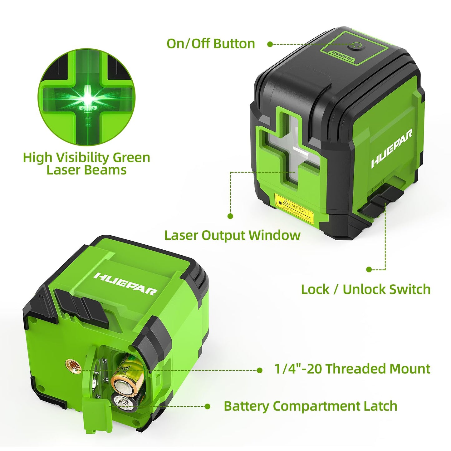 360° Laser Level with Tripod, Huepar 98Ft Self Leveling Laser Level Accurate Green Cross Line Laser Leveler Tool for Picture Hanging, Tile, Construction Indoor Project, Battery&Carrying Bag Included